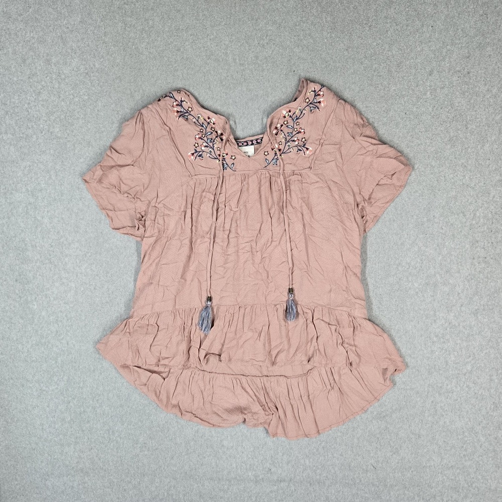 Knox Rose Women Blouse 2XL Pink Floral Peasant Boho Embroidered Tasseled V Neck